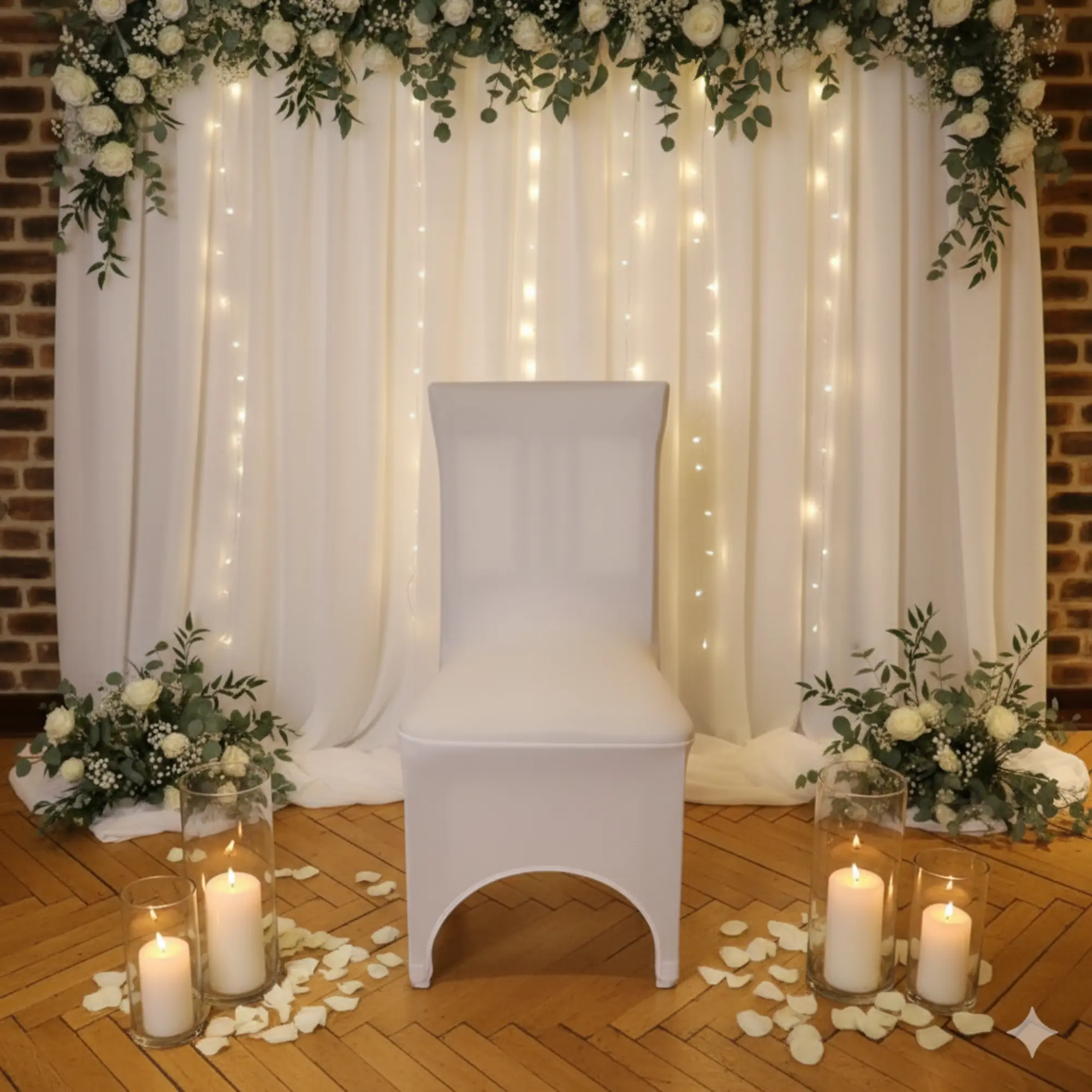 Stuhlhussen mieten in Osnabrück & Umgebung: Stuhl mit Husse umgeben von schöner Hochzeitsdekoration